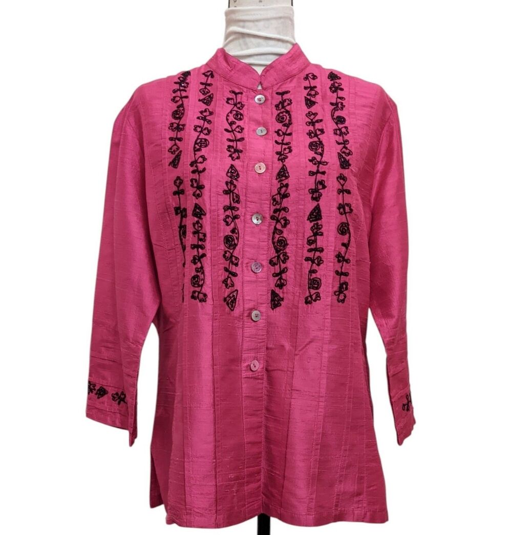 Bleu Bayou Silk Rose Pink Blouse Jacket Embroidery Mother of Pearl Buttons XL